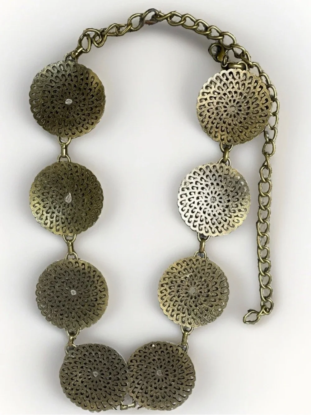 Vintage Solid Brass Filigree Medallion Chain Belt Boho Festival Adjustable 24-39